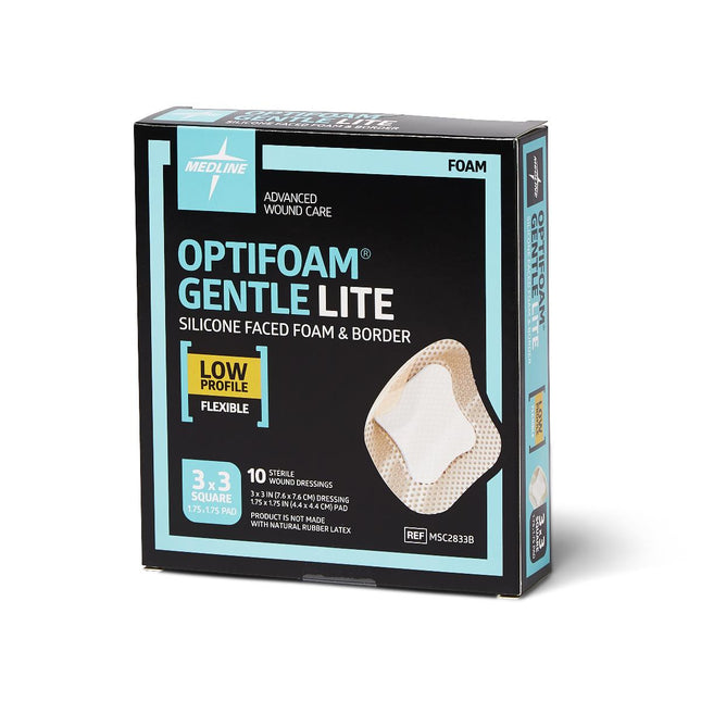 Medline Optifoam® Gentle Lite Silicone Adhesive Foam Dressing with Border, 3" x 3" (7.5 cm x 7.5 cm) Box/10 each MSC2833B