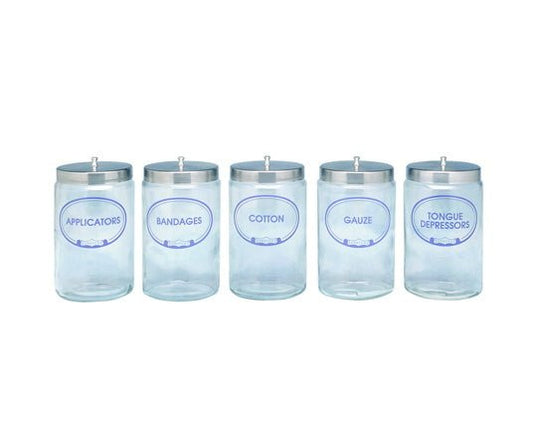 Glass Jar with Stainless - Steel Cover, 4.25" x 7" (10.8 cm x 17.8 cm), Labelled, 5/set, 189 - 4010 - A Medi Supplies