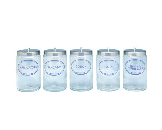 Glass Jar with Stainless - Steel Cover, 4.25" x 7" (10.8 cm x 17.8 cm), Labelled, 5/set, 189 - 4010 - A Medi Supplies