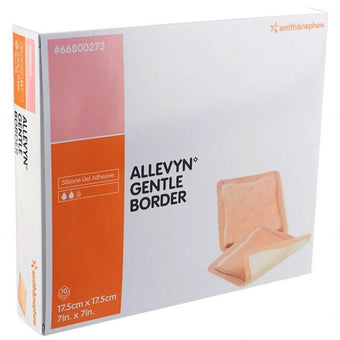 compare product Smith & Nephew Allevyn Gentle Border Hydrocellular Foam Dressing, Silicone Gel Adhesive (3-layer), 17.5cm X 17.5cm 10 each/box, 66800273