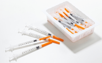 compare product Sol-M Syringe & Needle 1cc 25g X 1in Fixed Safety Tray 25/box 10 box/case 100088IM