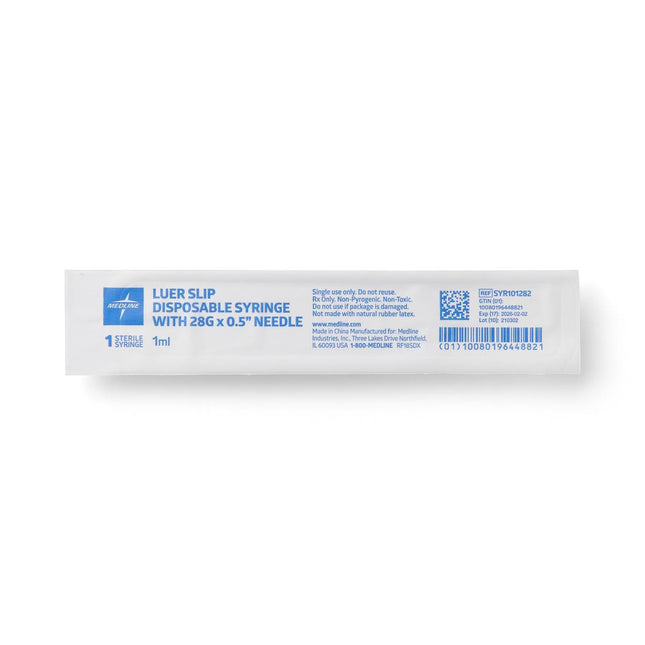 Medline Syringe with Standard Hypodermic Needle, 1 cc (mL), 28 G x 1/2" (1.27 cm), Insulin, 800/CS, SYR101282