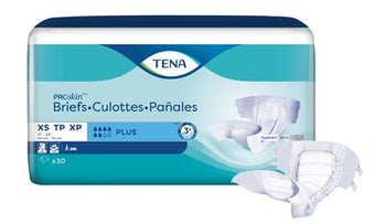 compare product Tena Youth Briefs, Xsmall, 17in - 29in, Bag of 30 / Case of 90, 61199