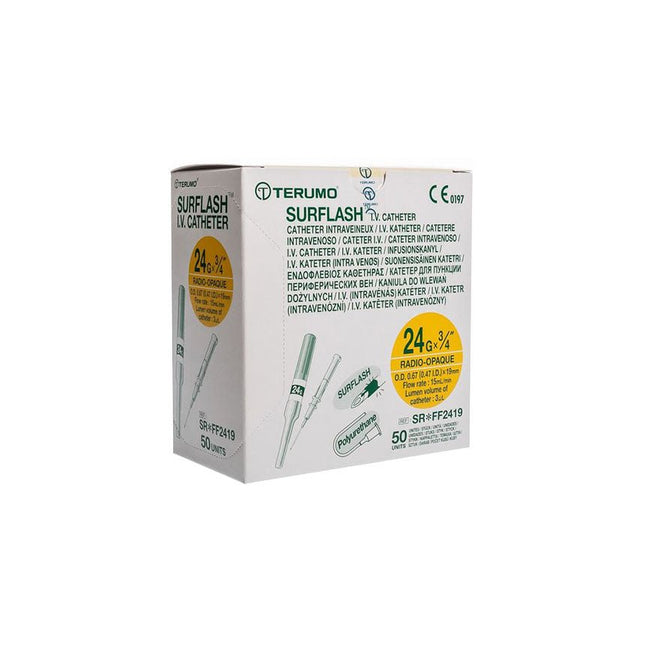 Terumo Surflash IV Catheter Yellow 24GA x 3/4", 50 each/box, SR - FF2419 / SRFF2419 - A Medi Supplies