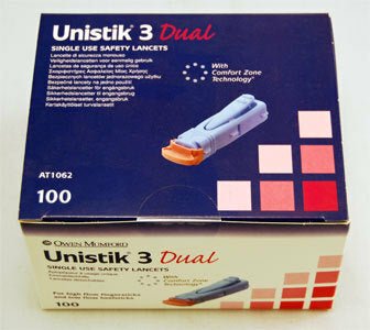 compare product Unistik 3 Lancet Dual Blue 18g X 1.8mm Single Use 100/Box AT1062